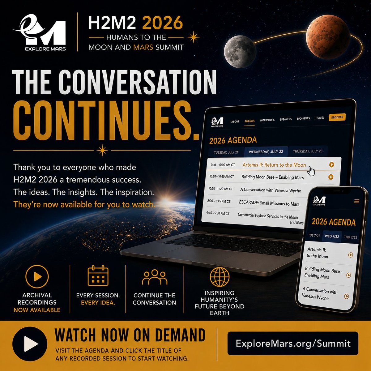 ExploreMars's tweet photo. The summit may be over.

The conversation continues.

Recordings from the 2026 Humans to the Moon and Mars Summit are now available.

Visit the summit page, open the agenda, and click any recorded session title to watch.

https://t.co/njKtDG3y4I

#H2M2 #WhyHumans https://t.co/NOe4PDniGH