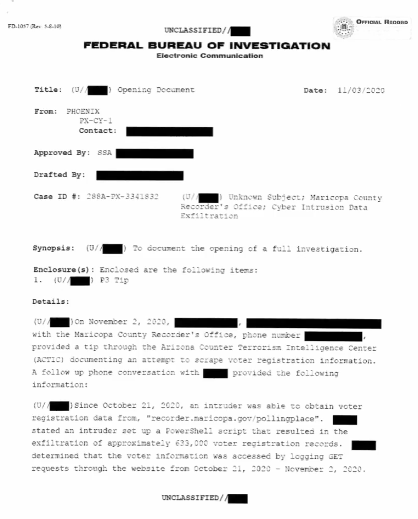 GuntherEagleman's tweet photo. 🚨2020 WAS STOLEN! 633,000 MARICOPA VOTER FILES STOLEN RIGHT BEFORE 2020 ELECTION

Declassified documents reveal that a hacker scraped 633,000 voter registration files from Maricopa County, Arizona, in the days leading up to the 2020 election.

The breach included sensitive records on domestic violence victims, judges, and law enforcement officers.

The FBI tracked the suspect down. He confessed to writing a script that exploited the system and pulling the data.

Despite the confession and a months-long investigation, the Biden Justice Department and local prosecutors declined to bring charges. The case was eventually closed.

Hundreds of thousands of voter files taken on the eve of a presidential election, and no one was prosecuted. The files are now public. The questions are only beginning.