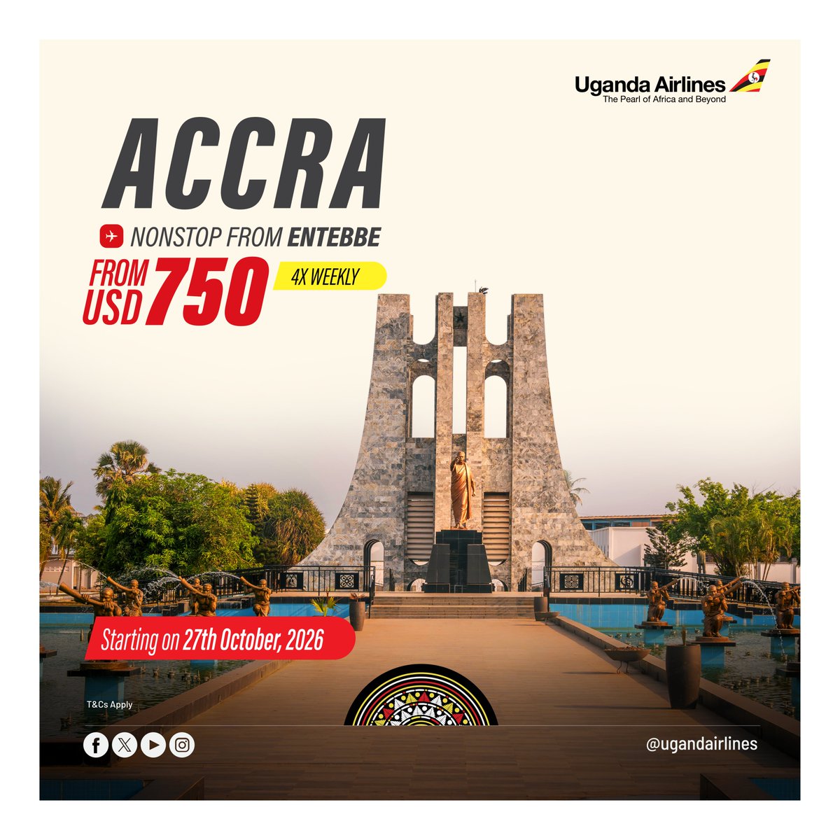 UG_Airlines's tweet photo. Journey with us from Entebbe to our two new cities!✈️
🔹 Direct flights to #Accra 🇬🇭 starting 28 OCT 2026 with round-trip fares starting from USD 750.
🔹 Direct flights to #Kigali 🇷🇼 starting 18 NOV 2026 with round-trip fares starting from USD 370.

Book now: https://t.co/7i8rVzn9ef
#FlyTheCrane