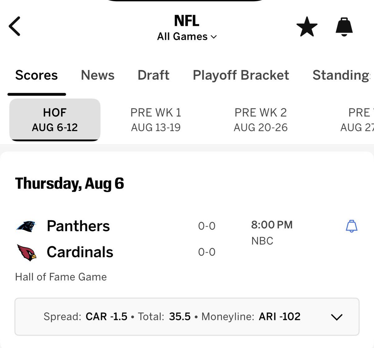 FieldYates's tweet photo. Preseason football starts tonight https://t.co/GXFLbUrP7v