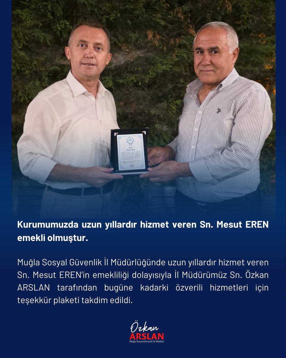 SgkMugla's tweet photo. Kurumumuzda uzun yıllardır hizmet veren Sn. Mesut EREN emekli olmuştur. 

İl Müdürlüğümüzde uzun yıllardır hizmet veren Sn. Mesut EREN’in emekliliği dolayısıyla İl Müdürümüz Sn. Özkan ARSLAN tarafından bugüne kadarki özverili hizmetleri için teşekkür plaketi takdim edildi. https://t.co/M16orlEe3t