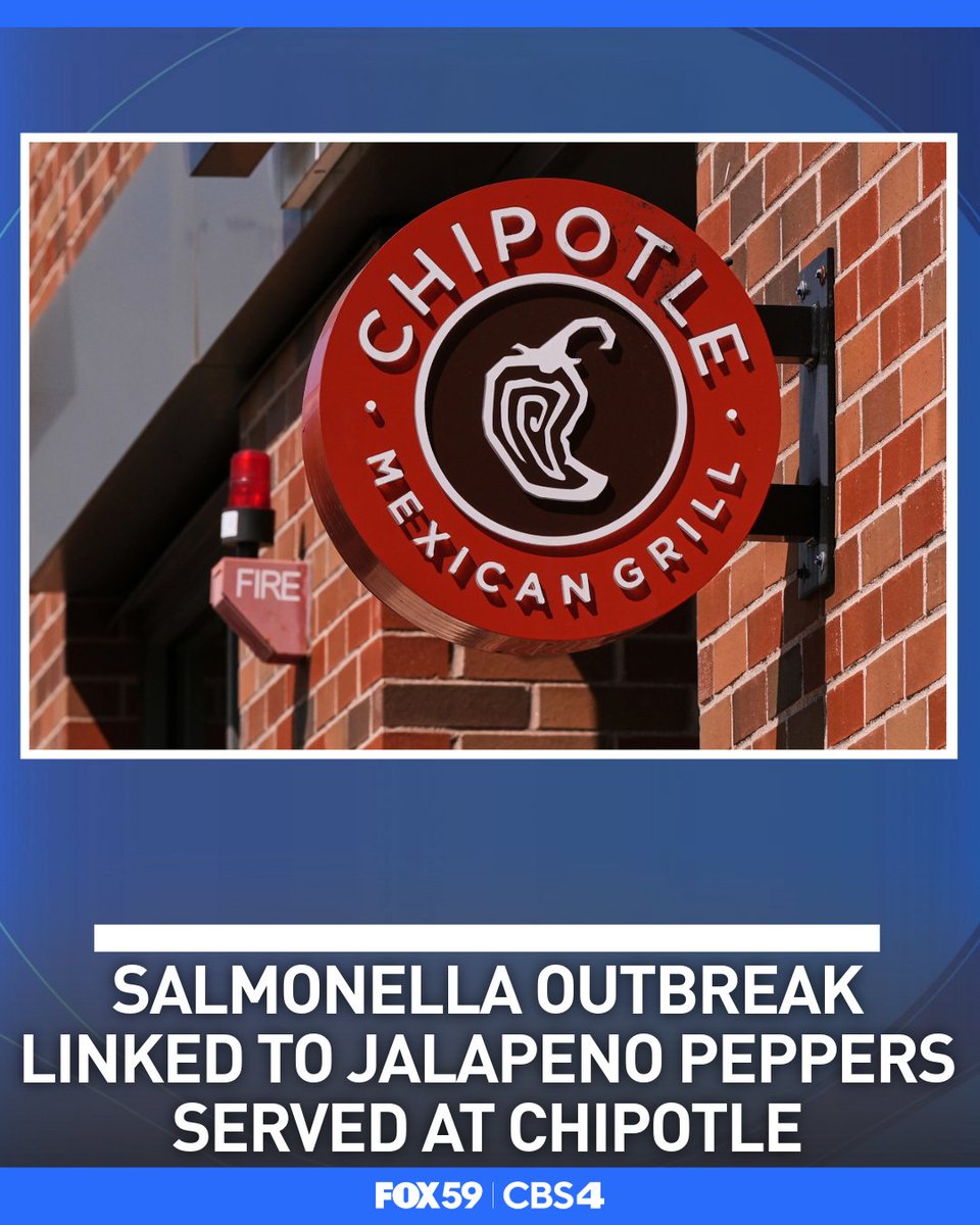 FOX59's tweet photo. A Salmonella outbreak has hit 27 different states, including Indiana. The source is linked to jalapeño peppers at Chipotle.
Read more here: https://t.co/RCyHzQXlFA https://t.co/BMDQBBJbBb