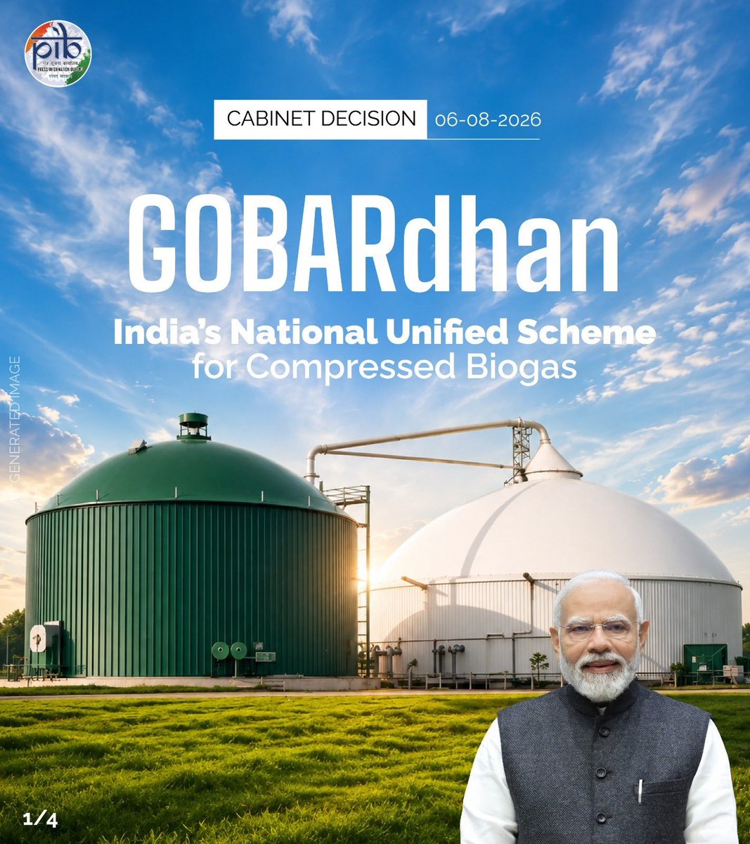 JoshiPralhad's tweet photo. The Union Cabinet, under the visionary leadership of Hon'ble Prime Minister Shri @narendramodi Ji, has approved GOBARdhan,  India's National Unified Scheme for Compressed #Biogas with an outlay of ₹23,731 crore.

The landmark scheme will accelerate domestic #CBG  production through assured offtake, stable pricing, capital support, pipeline connectivity and access to finance, while converting organic waste into #CleanEnergy. It will strengthen India's energy security, boost farmers' incomes, create rural livelihoods, attract private investment and advance the vision of Waste to Wealth, #AtmanirbharBharat and #ViksitBharat.  #CabinetDecisions