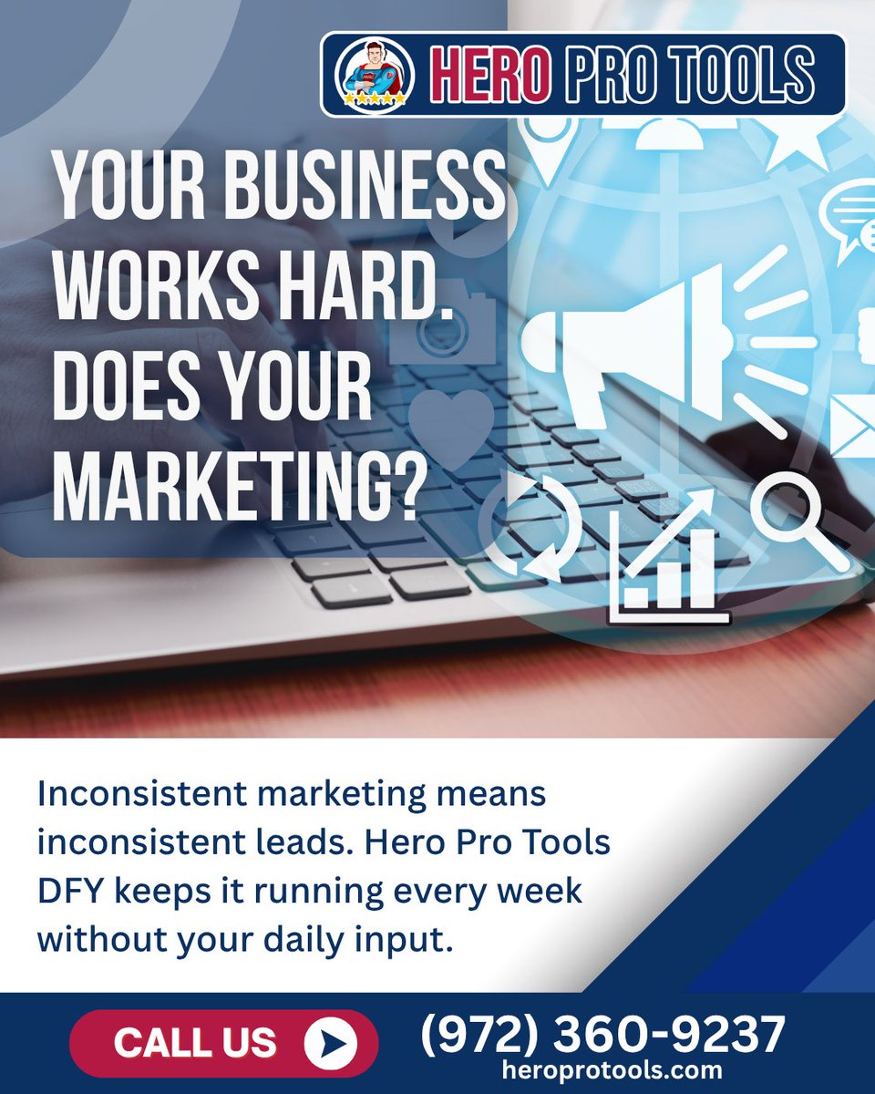 coachstevenlloy's tweet photo. Your business is working hard every day and your marketing should be too. Going silent for weeks is where competitors step in. Hero Pro Tools Done-For-You keeps you visible. Call (972) 360-9237 to keep your marketing running. #HeroProTools #DoneForYou #SmallBusinessMarketing https://t.co/9TXQPqcJE0