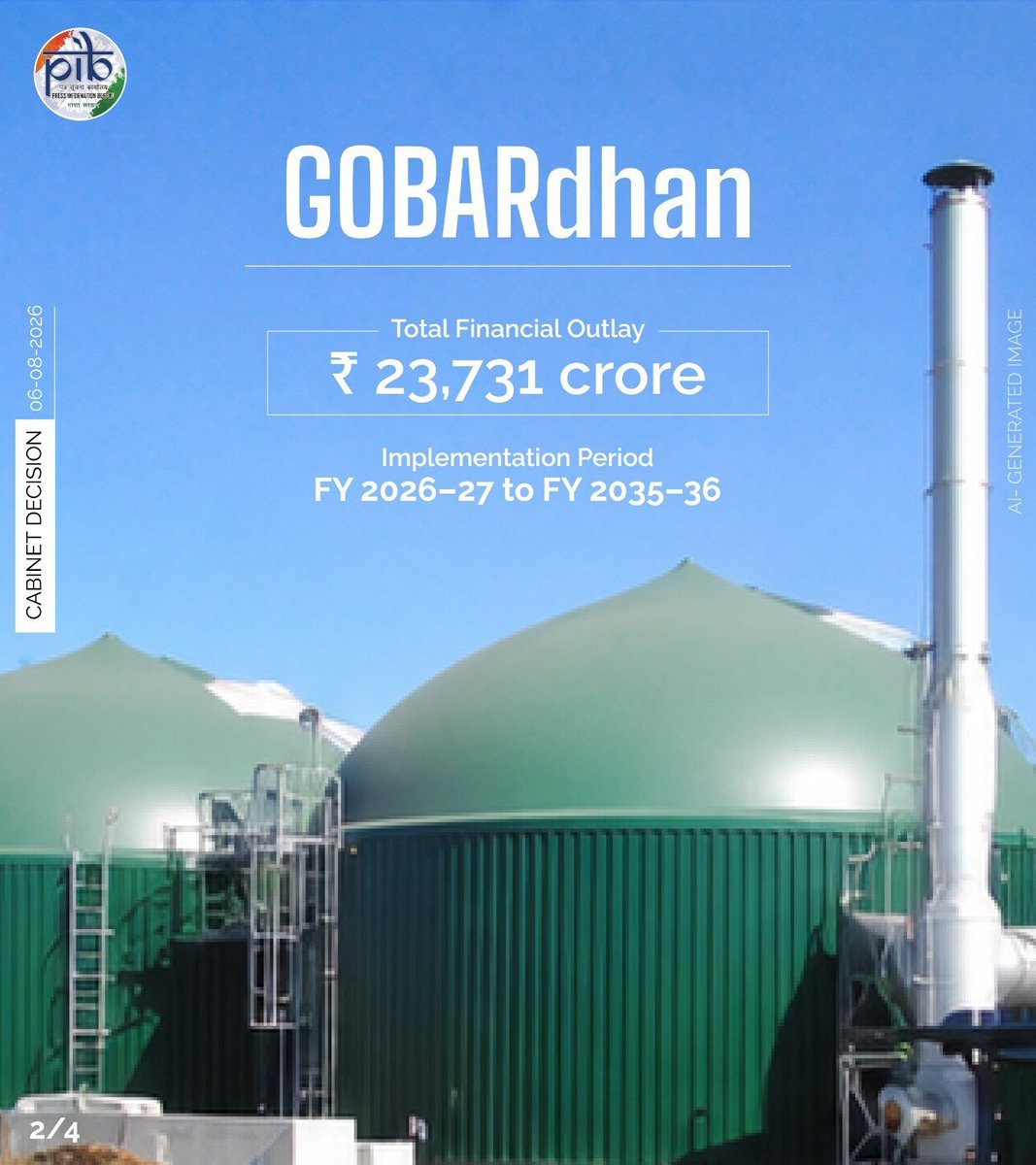JoshiPralhad's tweet photo. The Union Cabinet, under the visionary leadership of Hon'ble Prime Minister Shri @narendramodi Ji, has approved GOBARdhan,  India's National Unified Scheme for Compressed #Biogas with an outlay of ₹23,731 crore.

The landmark scheme will accelerate domestic #CBG  production through assured offtake, stable pricing, capital support, pipeline connectivity and access to finance, while converting organic waste into #CleanEnergy. It will strengthen India's energy security, boost farmers' incomes, create rural livelihoods, attract private investment and advance the vision of Waste to Wealth, #AtmanirbharBharat and #ViksitBharat.  #CabinetDecisions