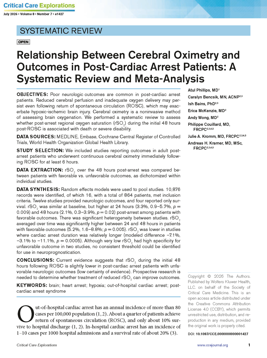 CritCareExplore's tweet photo. π The role of cerebral oximetry in management of post-cardiac arrest patients remains unclear. Further research is needed to determine whether correction of low regional oxygen saturation can improve outcomes.
π Read more in CCE: https://t.co/eHzhEEHcMu
#CritCareExplore https://t.co/O2rgn9DBAA