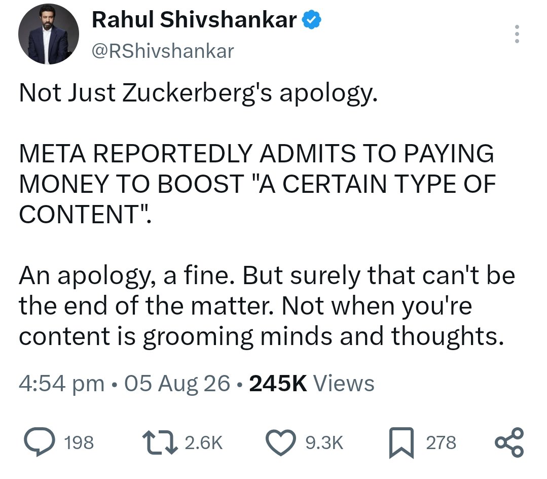 YearOfTheKraken's tweet photo. This is unnecessary sensationalism from Rahul Shivshankar.

Paying money to ensure political content reaches more people is allowed per Meta Policy.
If the political ads were in accordance with Meta Policy, then there is nothing to see here.

If the money spent on these ads were obtained illegally or through fraudulent means, then that is something for the authorities to investigate. On the other hand, if CSAM content was boosted with money, then that is something that is definitely illegal. But that is not what Rahul Shivshankar is implying here.

The crackdown on META, as I understand it, is over 2 things and none of it is related to CJP protests: Blocking of the Prime Minister's video and CSAM content on its platform.