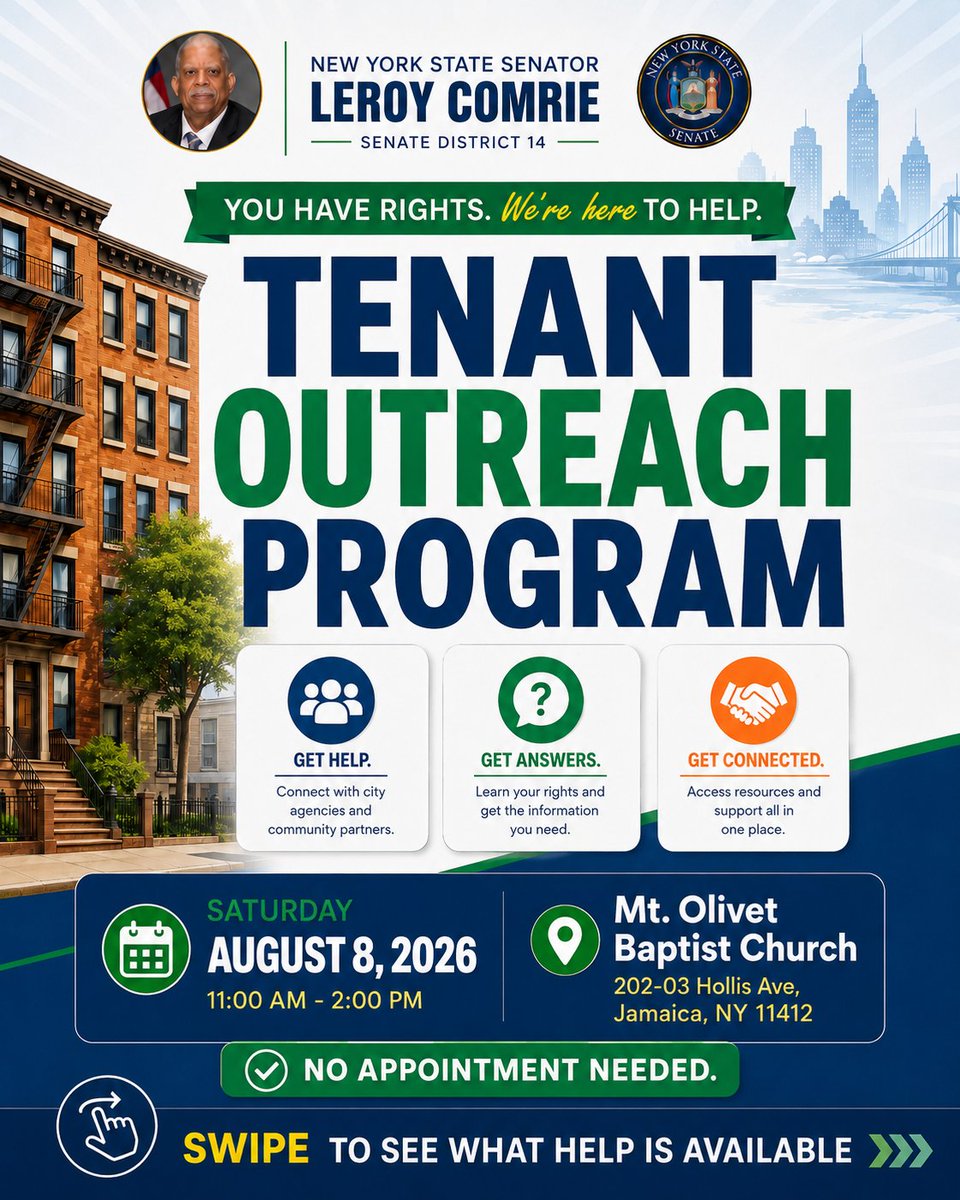 MayorsPEU's tweet photo. Queens tenants: Get help with housing complaints, tenant rights, referrals, building safety and more.

Sat. Aug. 8, 11 AM–2 PM
Mt. Olivet Baptist Church, 202-03 Hollis Ave.

No appointment needed.

With @LeroyComrie @nycpa @NYCMOPT @NYCHousing @NYC_Buildings https://t.co/gSzWT443bE