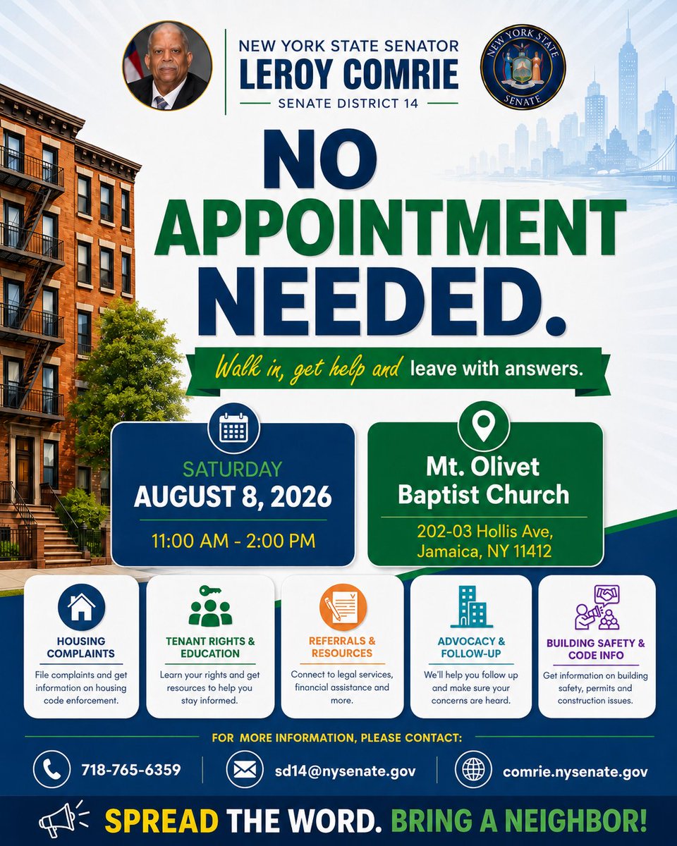 MayorsPEU's tweet photo. Queens tenants: Get help with housing complaints, tenant rights, referrals, building safety and more.

Sat. Aug. 8, 11 AM–2 PM
Mt. Olivet Baptist Church, 202-03 Hollis Ave.

No appointment needed.

With @LeroyComrie @nycpa @NYCMOPT @NYCHousing @NYC_Buildings https://t.co/gSzWT443bE