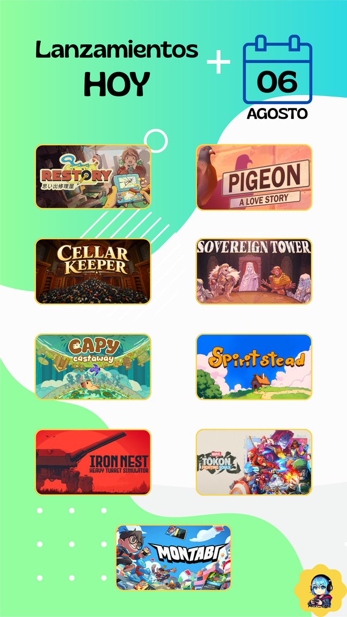 Mixi7395's tweet photo. ReStory: Chill Electronics Repairs — Steam
Cellar Keeper — Steam
Capy Castaway — Steam
IRON NEST: Heavy Turret Simulator — Steam
Pigeon A Love Story — Steam
Sovereign Tower — Steam
Spiritstead — Steam
Marvel Tōkon: Fighting Souls — Steam, PS5
Motobi — Steam, Xbox, Switch 1 &amp; 2 https://t.co/zBxr2K3zXS