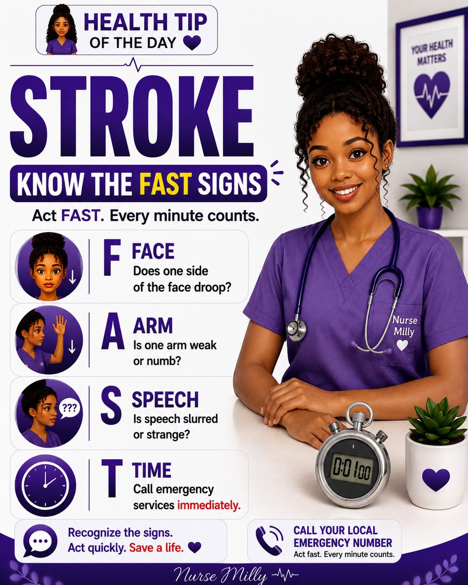 Millyivie's tweet photo. 👩🏽‍⚕️ Health Tip of the Day 💜

A stroke happens when blood flow to the brain is interrupted. Quick treatment can save a life and reduce brain damage.

Remember FAST:

F – Face drooping
A – Arm weakness
S – Speech difficulty
T – Time to call emergency services immediately.

Every minute counts. 💜