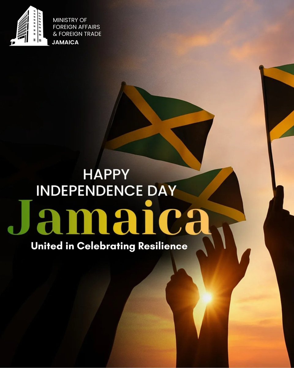 mfaftja's tweet photo. Today, August 6, Foreign Minister, Senator the Honourable @kaminajsmith, and the Ministry of Foreign Affairs and Foreign Trade join Jamaicans at home and across the diaspora in celebrating the 64th Anniversary of Jamaica’s Independence.

As we commemorate this historic milestone, we honour the journey of our nation and the remarkable progress we have made since 1962. We also reflect on the past year, during which Jamaica continued to demonstrate resilience in the face of challenges.

May we remain united in our commitment to building a Jamaica where all citizens can live, work, raise families and do business.

Happy Independence 2026! 🇯🇲
United in Celebrating Resilience.

#mfaftja