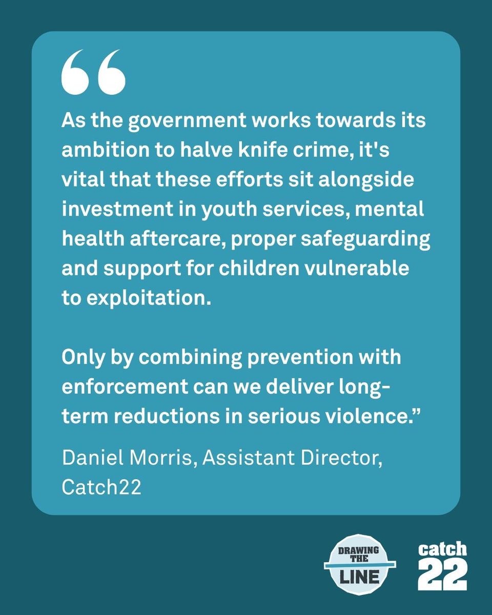 Catch22's tweet photo. New @ukhomeoffice figures from @LabourSJ showing a drop in knife crime deaths is an encouraging sign of progress in tackling serious violence.

As their work on its ambition to halve knife crime within a decade, it’s essential that prevention go hand-in-hand with enforcement. https://t.co/4SpGb0oq2H