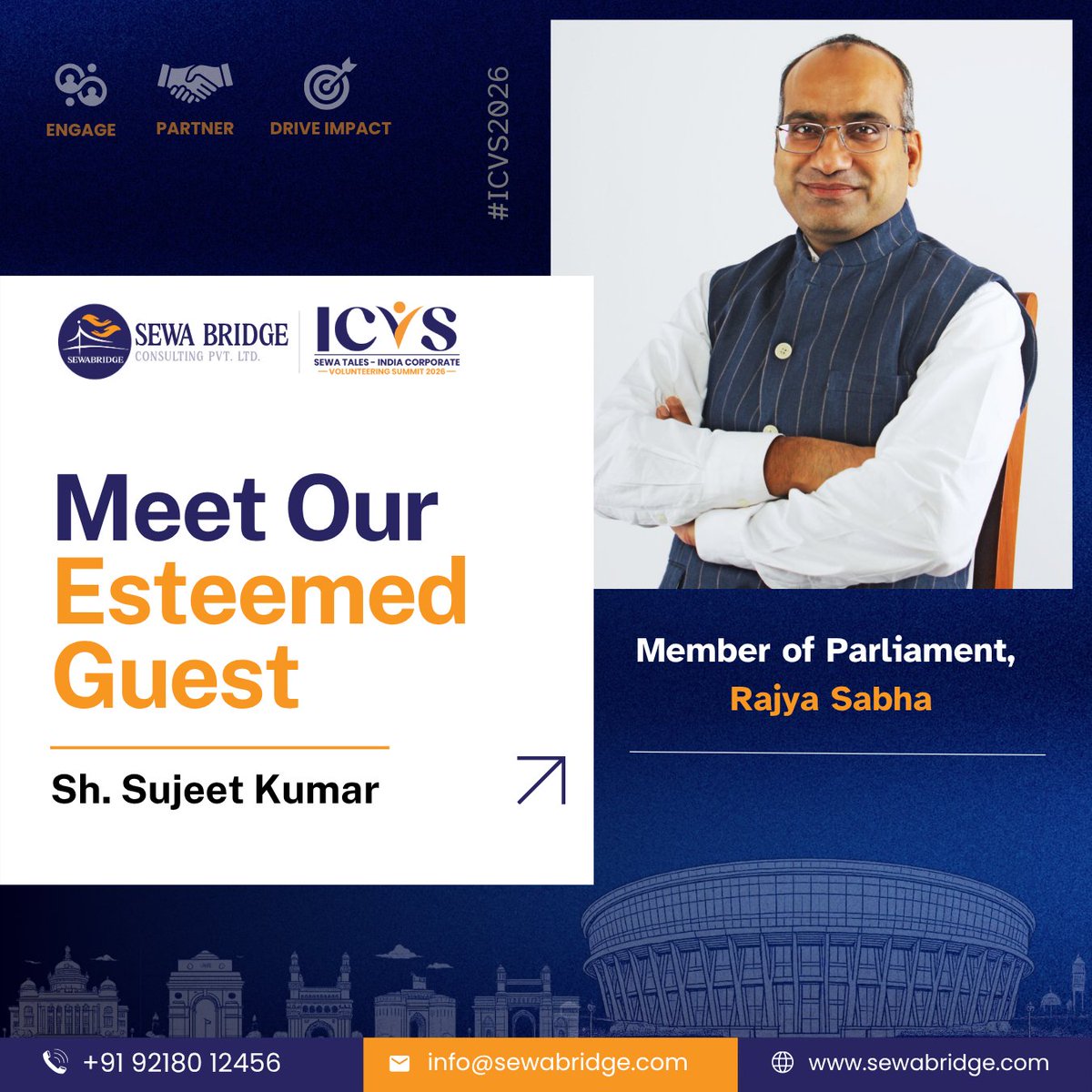 Sewa_Bridge's tweet photo. 𝗘𝘀𝘁𝗲𝗲𝗺𝗲𝗱 𝗚𝘂𝗲𝘀𝘁 | 𝗦𝗲𝘄𝗮 𝗧𝗮𝗹𝗲𝘀 – 𝗜𝗖𝗩𝗦 𝟮𝟬𝟮𝟲

We are honoured to welcome 𝗦𝗵. 𝗦𝘂𝗷𝗲𝗲𝘁 𝗞𝘂𝗺𝗮𝗿, 𝗠𝗲𝗺𝗯𝗲𝗿 𝗼𝗳 𝗣𝗮𝗿𝗹����𝗮𝗺𝗲𝗻𝘁, 𝗥𝗮𝗷𝘆𝗮 𝗦𝗮𝗯𝗵𝗮, as an esteemed guest

📅7 August 2026
📍Bharat Mandapam, New Delhi

#ICVS2026 https://t.co/qCp0SMZEan