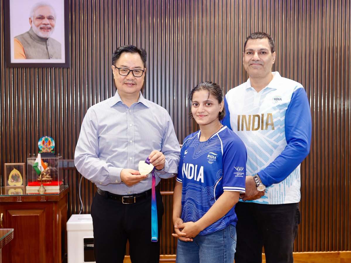 KirenRijiju's tweet photo. I am super proud to receive Asmita Dey, the first Indian to win a Commonwealth Games Gold Medal in Judo. She comes from a humble family in Tripura and serving in Uttar Pradesh Govt.

Congratulated her on her outstanding achievement at the #CWG2026. Her remarkable feat reflects years of dedication, perseverance & hard work &  will inspire countless young judokas across the country. I also congratulated her coach, Shri Yashpal Solanki ji, for his invaluable guidance & contribution to this historic success.

#Cheer4Bharat