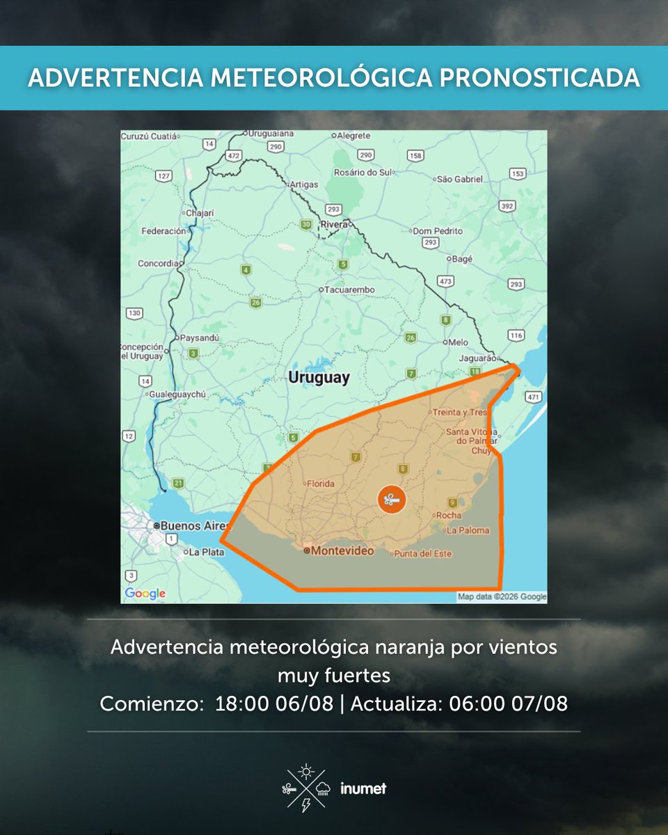 Inumet_'s tweet photo. ADVERTENCIA EN CURSO
-Advertencia meteorológica naranja por tormentas muy fuertes y severas.
Comienzo: 11:30 06/08 | Actualiza: 16:00 06/08.
ADVERTENCIAS PRONOSTICADAS
-Advertencia meteorológica naranja por vientos muy fuertes
Comienzo: 18:00 06/08 | Actualiza: 06:00 07/08.
-Advertencia meteorológica amarilla por vientos fuertes
Comienzo: 18:00 06/08 | Actualiza: 06:00 07/08