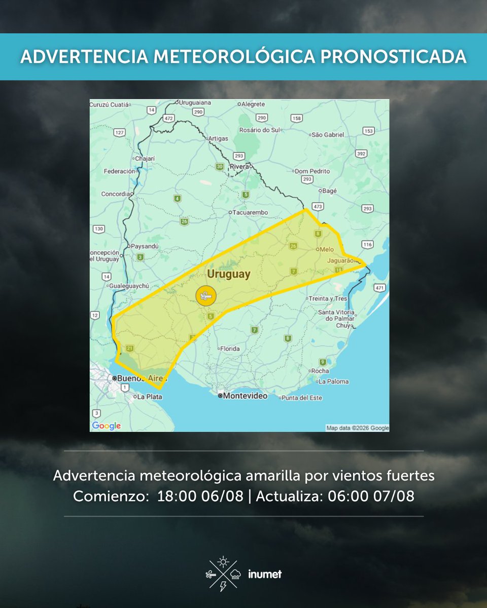 Inumet_'s tweet photo. ADVERTENCIA EN CURSO
-Advertencia meteorológica naranja por tormentas muy fuertes y severas.
Comienzo: 11:30 06/08 | Actualiza: 16:00 06/08.
ADVERTENCIAS PRONOSTICADAS
-Advertencia meteorológica naranja por vientos muy fuertes
Comienzo: 18:00 06/08 | Actualiza: 06:00 07/08.
-Advertencia meteorológica amarilla por vientos fuertes
Comienzo: 18:00 06/08 | Actualiza: 06:00 07/08