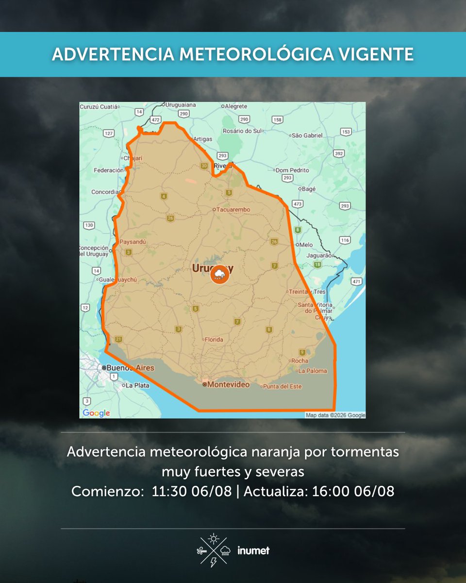 Inumet_'s tweet photo. ADVERTENCIA EN CURSO
-Advertencia meteorológica naranja por tormentas muy fuertes y severas.
Comienzo: 11:30 06/08 | Actualiza: 16:00 06/08.
ADVERTENCIAS PRONOSTICADAS
-Advertencia meteorológica naranja por vientos muy fuertes
Comienzo: 18:00 06/08 | Actualiza: 06:00 07/08.
-Advertencia meteorológica amarilla por vientos fuertes
Comienzo: 18:00 06/08 | Actualiza: 06:00 07/08