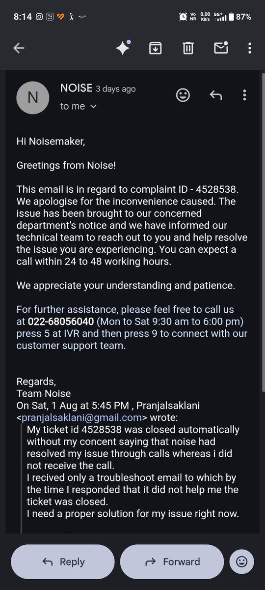 Pranjal_eagle's tweet photo. @gonoise Same day mail from @gonoise saying that they will contact or reply within 48hrs.
Can you guys at least get on a call once and resolve the issue? https://t.co/bFVmyCZV5t