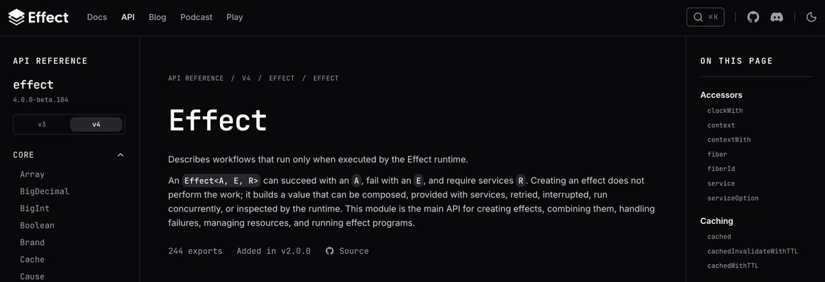 imax153's tweet photo. We finally brought @EffectTS_’s API reference docs to the Effect website, for both v3 and v4. Also comes with an improved search experience.

Just the first step we're taking to improve our documentation as we prepare for a v4 release candidate! https://t.co/CmuJyXSBgo