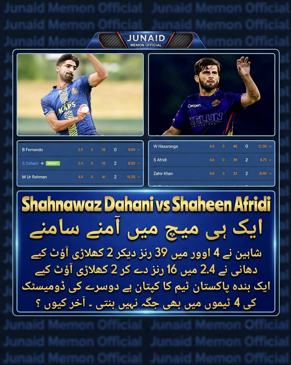junaidmemonoffi's tweet photo. Shahnawaz Dahani has consistently impressed in the Lanka Premier League, while Shaheen Afridi has struggled with the ball. The real question is: does performance truly determine selection in Pakistan cricket?
 
#Shahnawazdahani 
#pcbselection 

@ShahnawazDahani 
@TheRealPCB https://t.co/gKw5tYgIUY