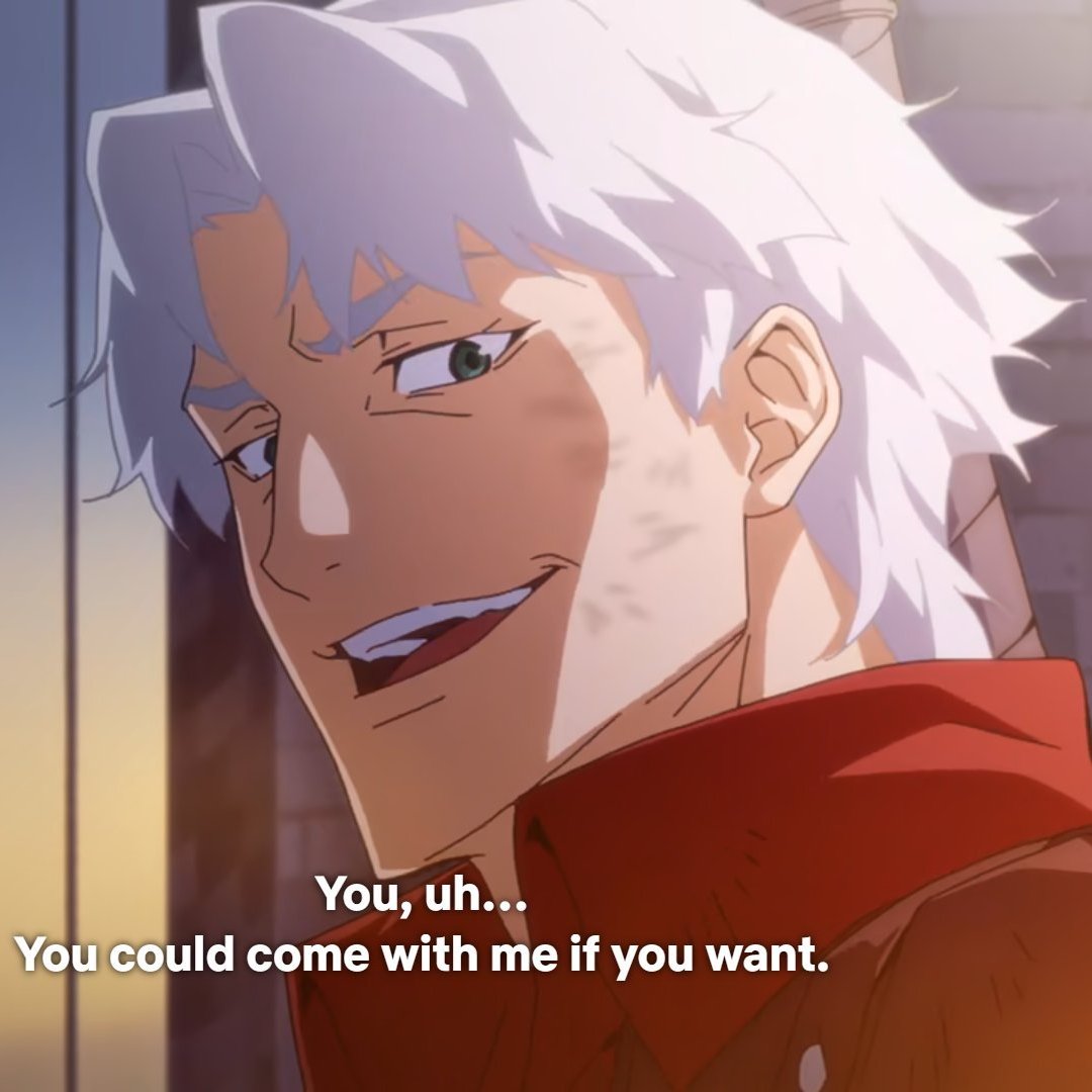 jumpoon's tweet photo. Dante in SS1 :

"...You could come with me if you want".

----

Also Dante in SS2 :

“You wanted to protect people”. 

“Now we can do it together”.

Dante tried his hardest to make Lady a part of his life because he believed that having someone by his side would make him a better person.🥺❤️🩶

#DMC #NetflixDevilMayCry #NDMC #DantexLady #DanLady