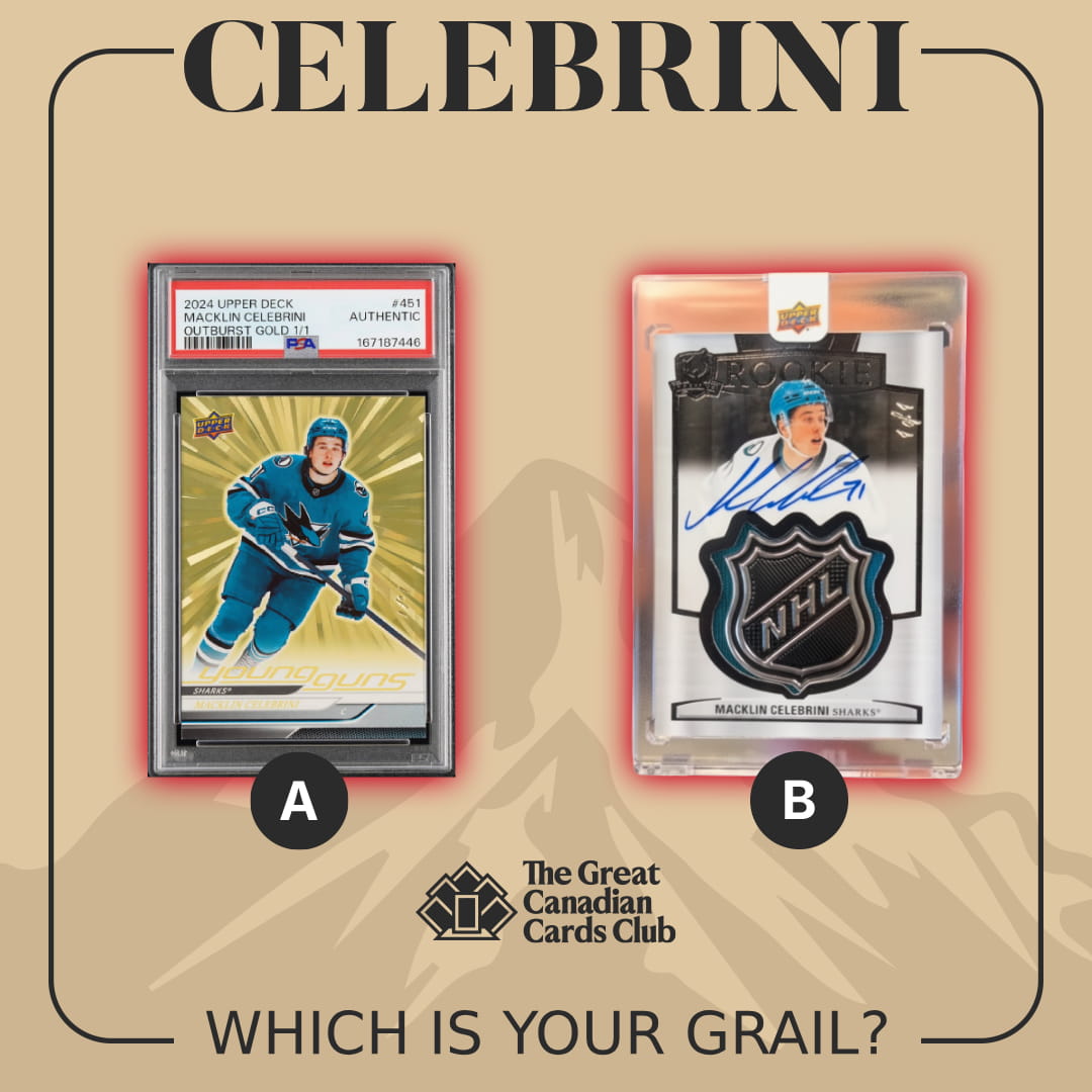 tgccc_official's tweet photo. 🏆 Which Celebrini Grail Are You Choosing? 🏆

Macklin Celebrini already has two cards that collectors dream about…

🅰️ Young Guns Gold Outburst 1/1
The most iconic rookie card in hockey. The ultimate Young Guns.

🅱️ The Cup Rookie Shield Auto 1/1
The true high-end grail. Rookie Shield. On-card auto. One of one.

Both are hobby-defining cards.

But if you could own just one, which are you taking?

#MacklinCelebrini #YoungGuns #TheCup #HockeyCards #SportsCards #TheHobby #CardCollectors #UpperDeck