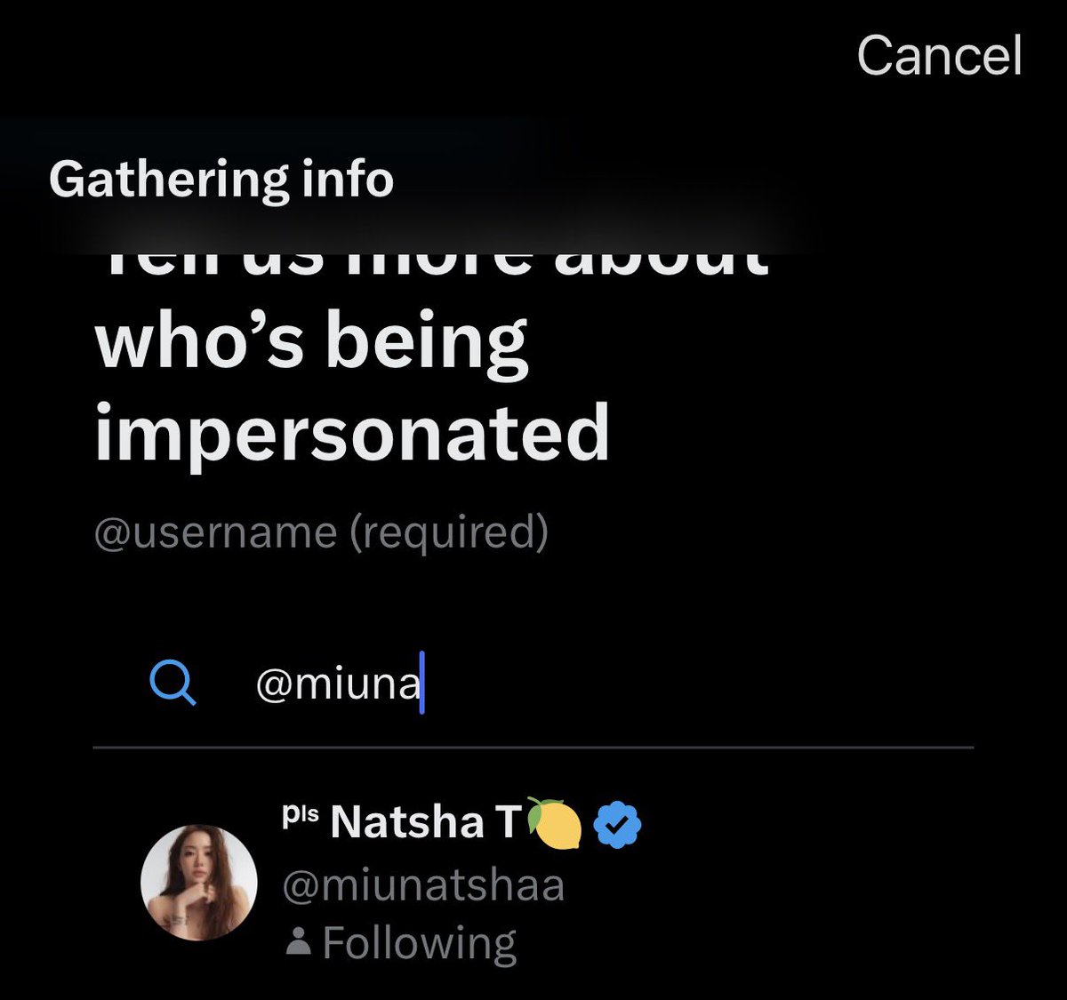 mamipenguin85's tweet photo. Could you please help report this account @mmiunatshaa for impersonating Miu? You can follow the instructions below. Thank you so much for your help! 🙏

ทุกคนนน ช่วยกัน report account นี้หน่อยค่าาา เลือกหัวข้อ Impersonation ทำตามนี้ได้เลยนะ ขอบคุณค่าา

#MiuNatsha https://t.co/j9Hq1ociyK
