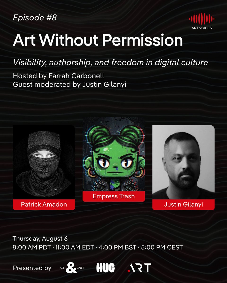 FARRAHCARBONELL's tweet photo. LIVE at 11 AM ET.

Join us for ART WITHOUT PERMISSION — a conversation on what it means to make art without waiting for permission.

With @amadon, @EmpressTrash + guest moderator @JustinGilanyi.

See you live ↓ https://t.co/pu17gRlHq7