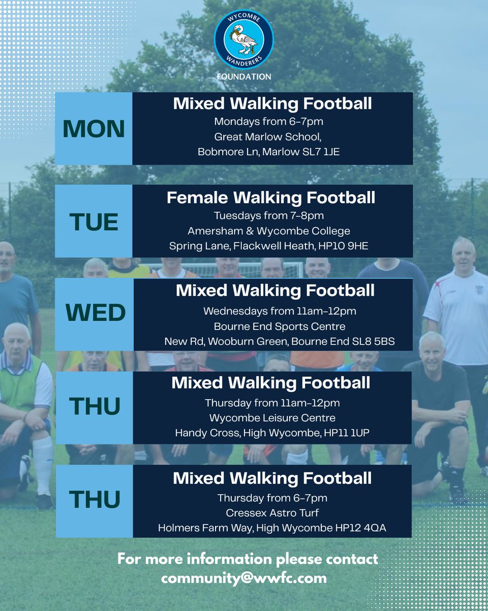 wwfcfdn's tweet photo. Walking Football 👌
Monday - Great Marlow School, 6-7pm
Tuesday - Womens Walking football, Amersham &amp; Wycombe College, 7- 8pm - Cressex Astro https://t.co/x5JiF562Sl