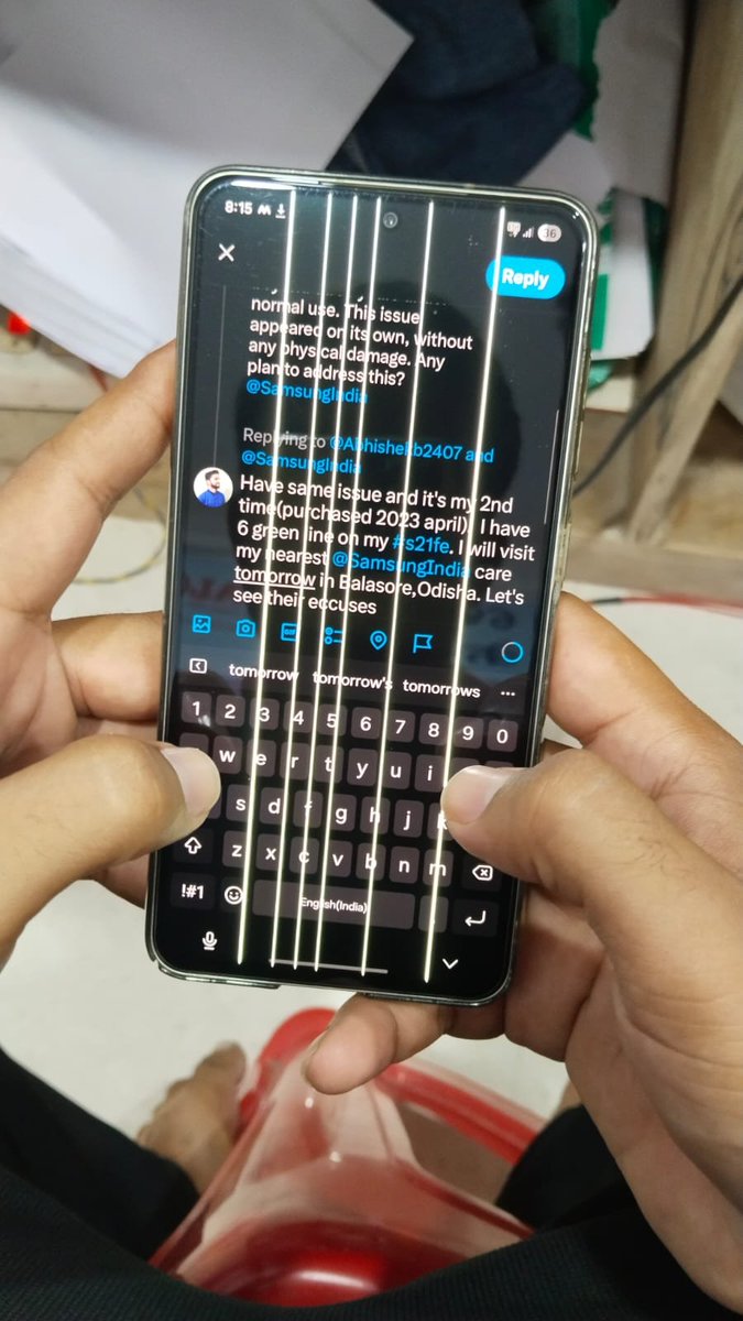 PriyaranjanIND's tweet photo. @Abhishekb2407 @SamsungIndia Have same issue and it's my 2nd time(purchased 2023 april).  I have 6 green line on my #s21fe. I will visit my nearest @SamsungIndia care tomorrow in Balasore,Odisha. Let's see their excuses. https://t.co/T7fTeqRgro