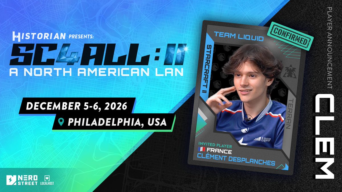 SC2Historian's tweet photo. 2023 Dreamhack Atlanta Champion, 2024 World Champion, and Living Legend, @TeamLiquid's @Clem_sc2 is joining us as our 3rd Invite for StarCraft 2 at SC4ALL II. Dec 5-6 in Philadelphia, be there or be square ya nerds! #SC4YOU #SC4ME #SC4ALL https://t.co/Og9rGlY9CS