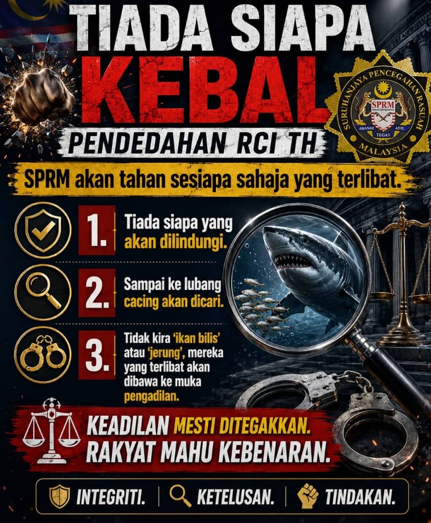anne915782's tweet photo. TIADA SIAPA KEBAL! ‼️ 
'Ikan bilis' atau 'jerung' semua akan dibawa ke muka pengadilan. SPRM mula bertindak atas RCI TH.

#tabunghaji #RCI #MalaysiaMadani 
#malaysia #beritaterkini #beritaviral https://t.co/BfmeCw4Ksf