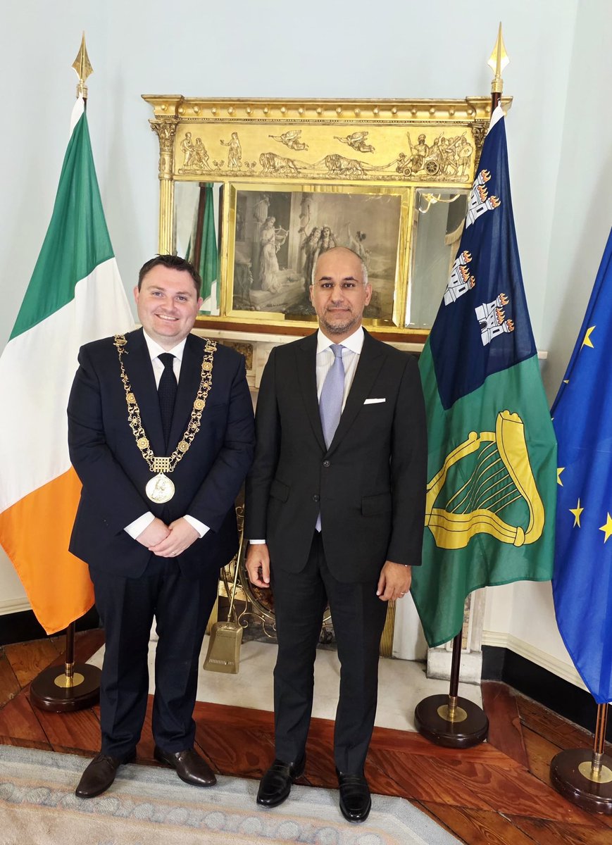 KSAembassyIE's tweet photo. Ambassador Aljomae paid a courtesy call on the Lord Mayor of Dublin, reaffirming the strong relations between Saudi Arabia and Ireland, while expressing support for Ireland’s EU Council Presidency and its role in advancing shared priorities. https://t.co/Ja1D3dxka7