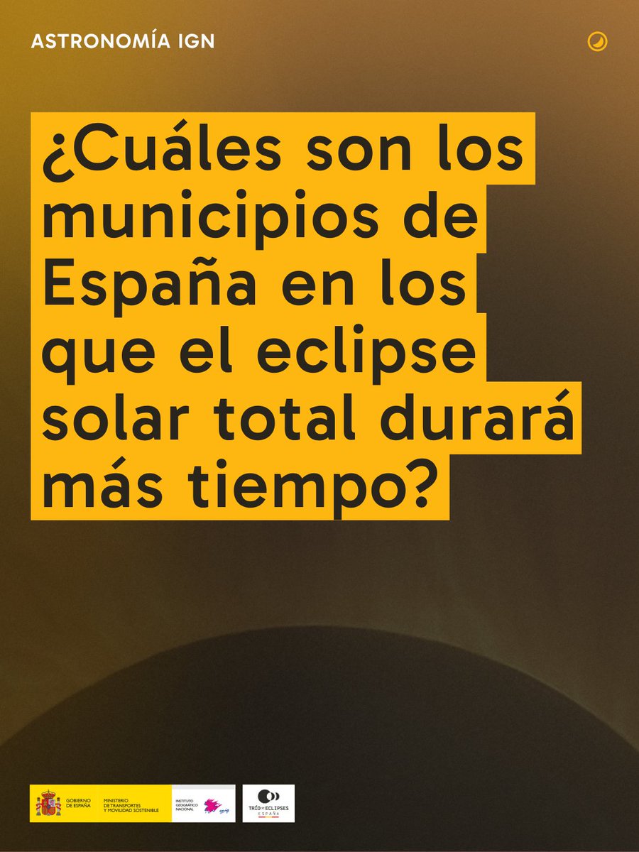 IGNSpain's tweet photo. 🌑 ¿Cuáles son los municipios de España en los que el eclipse solar total del próximo 12 de agosto durará más tiempo?
🧵 Desliza el hilo y descúbrelo 😃
#IGNSpain #CNIG #Eclipse2026 #Eclipse12agosto #EclipsesEspaña #TríoEclipsesEspaña #Astronomía @IGN_RObsMadrid @transportesgob https://t.co/l0PVr4d40c