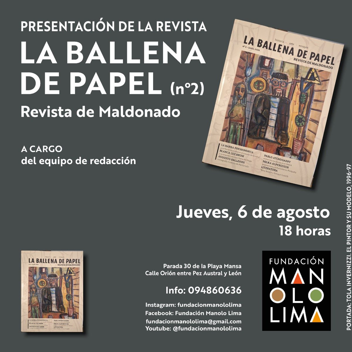 DiazInstituto's tweet photo. Con mucha alegría les invitamos a la presentación del segundo número de _La Ballena de Papel_. 
📅 Jueves 6 de agosto
🕕 18:00 h
📍 Fundación Manolo Lima (Orión, entre Pez Austral y León, parada 30, Playa Mansa)

¡Les esperamos! https://t.co/ZCCWXvaB0D