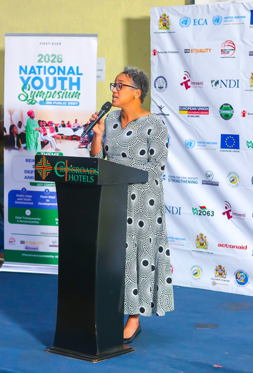 UNMalawi's tweet photo. RC a.i Penelope Campbell told young people at the National Youth Symposium on #PublicDebt that they are not observers, but stakeholders and partners in shaping Malawi’s development future. 

#YouthParticipation #DebtTransparency https://t.co/s7fAX9Kad4