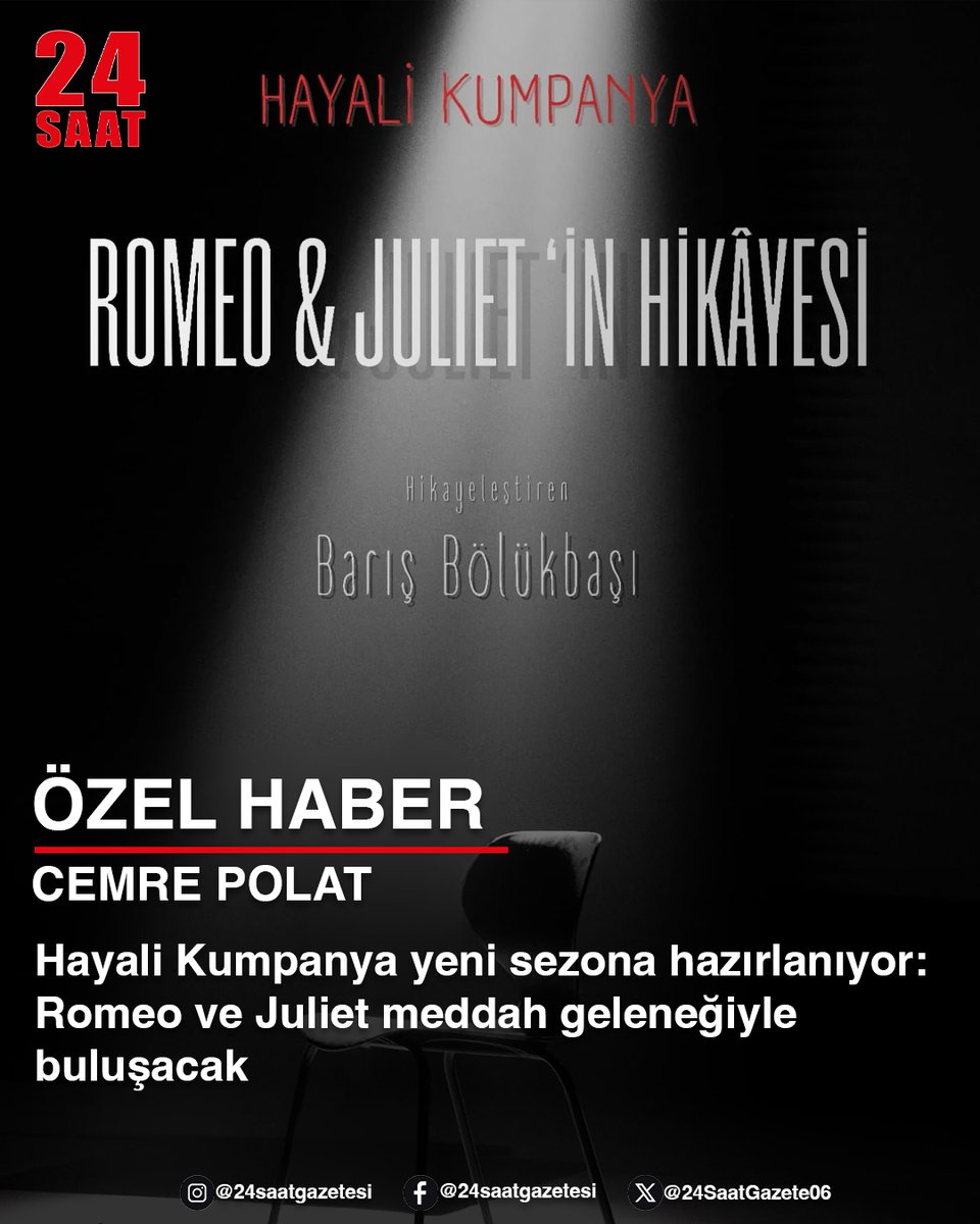 24SaatGazete06's tweet photo. ÖZEL HABER | Cemre Polat

Hayali Kumpanya yeni sezona hazırlanıyor: Romeo ve Juliet meddah geleneğiyle buluşacak

https://t.co/nBZoBqnrYh

#HayaliKumpanya #BarışBölükbaşı #RomeoveJuliet #Shakespeare #Meddah #AnkaraTiyatro 

@Cemre_Polatt https://t.co/c7mSHFbAQ0