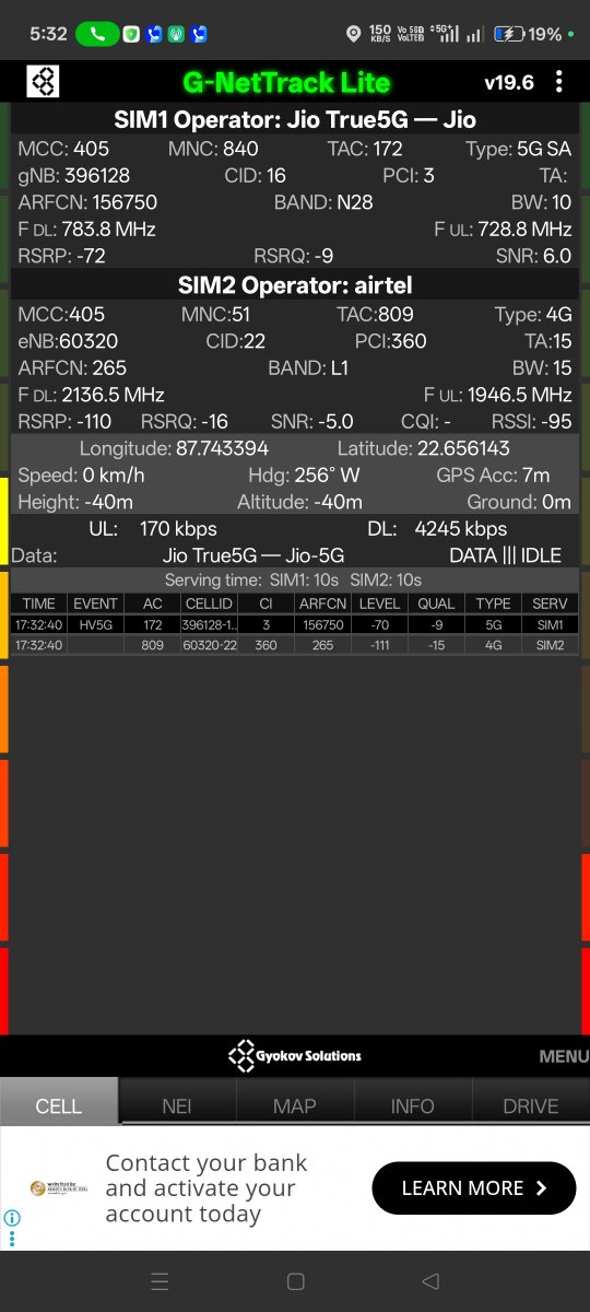 subhamishra81's tweet photo. @TG_TriGany @realmeIndia @BSNL_WB @BSNLCorporate Jio 5G work B28A or B28B ? Check from my screenshot uplink and downlink https://t.co/i7S3nmt296