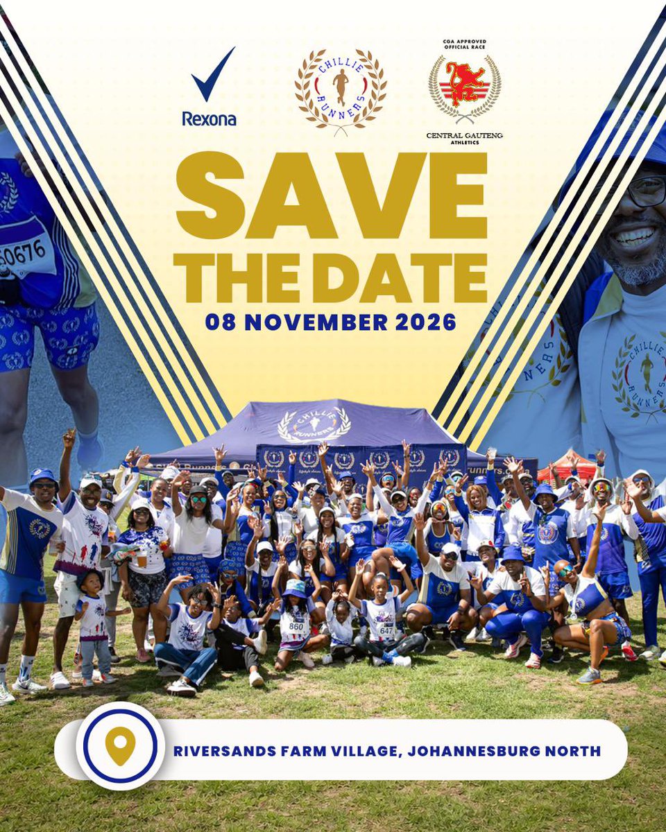 ChillieRunners's tweet photo. 🚨 SAVE THE DATE! 🚨
The date is locked in and now the countdown begins.🤩
📍Riversands Farm Village, Johannesburg!
Keep an eye out... entries are coming soon. 🔥
#chillierunners #uyababapelepele #lifestylechoices #chillierunners10kmrace https://t.co/LwagexHB1M