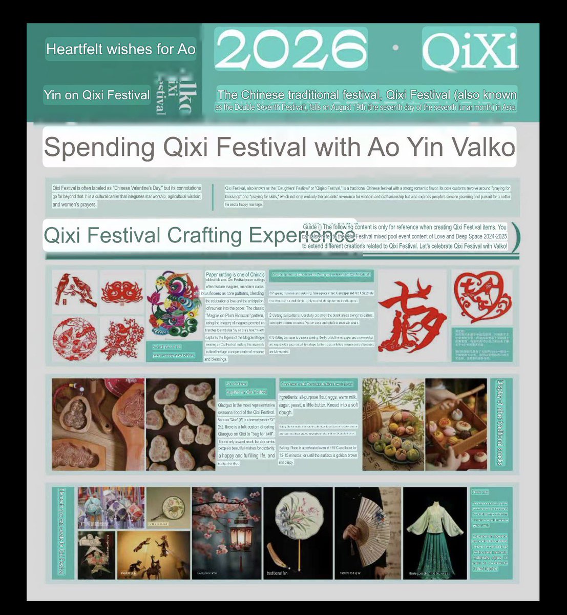 zayneswolfpack's tweet photo. So everyone, as you know, Qixi festival is coming up! 
This festival is akin to China’s valentines day but seems like it is more than that! 

It’s apparently also known as “Daughter’s festival” (if the translation is right) and a day where people pray for blessing and celebrate the day with craftsmanship. 

A lovely sister (@ChenZhunan020) has been so kind to compile a one pager that tells us a bit more about the Qixi Festival! 
(Do note that the information were taken from the internet and no harm or any opinion was imbued in this) 

She had a great idea of celebrating this Qixi festival with Valko and show how he brings cultural expansion to the global market! 

Since we might not be able to spend it with our boys, perhaps we can do something about this and during the Qixi festival day (August 19th this year) we can share our crafts, baking, etc! 

We could also direct this as a present to our CN sisters who have worked so hard defending the frontlines in the domestic side! 

What do you think? 

#全世界都爱敖尹 #NoValkoNoMoney #BringBackValko