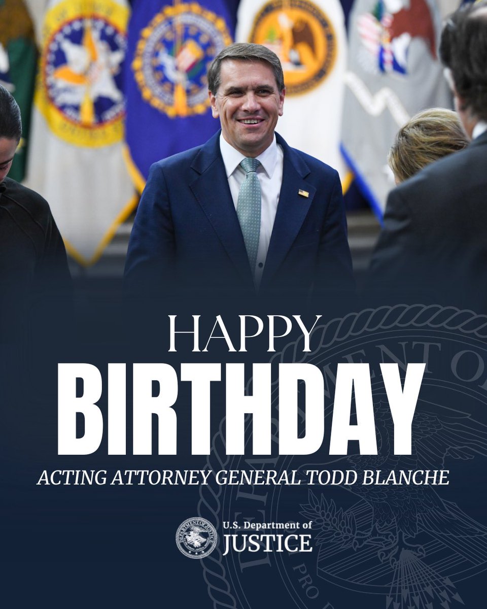 TheJusticeDept's tweet photo. Wishing Acting Attorney General @DAGToddBlanche a very happy birthday on behalf of the entire team at the Department of Justice 🇺🇸 https://t.co/pPM3eyDSkl