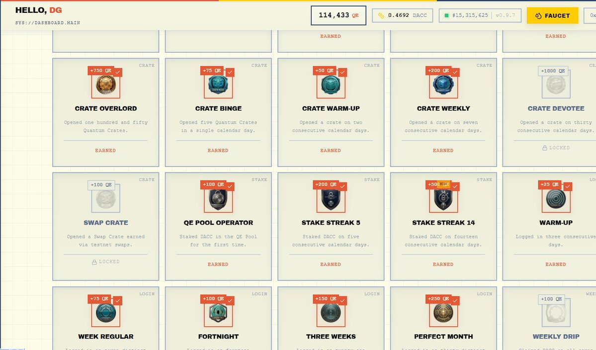 DemiGod_of_Web3's tweet photo. 14-day stake streak achieved internally.

From my observation, it does not really matter when you stake. You just have to stake any time within the days and don't miss a day to maintain the streak.

It's now remaining: "Open a quantum crate on 30 consecutive days.
It will be hard https://t.co/DTYextkiU3