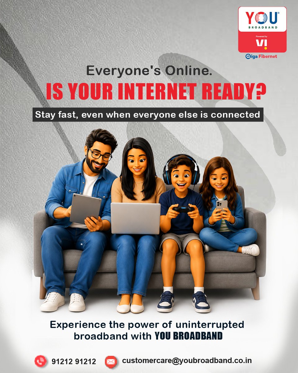 youbroadband's tweet photo. Everyone's online. Can your internet handle it all?
With YOU Broadband, the answer is YES!
Upgrade to YOU Broadband and enjoy uninterrupted internet for the whole family.
#YOUBroadband #FiberInternet #HighSpeedInternet #BroadbandIndia #UnlimitedInternet #FastWiFi #SmartHome https://t.co/euNyJGIyZX