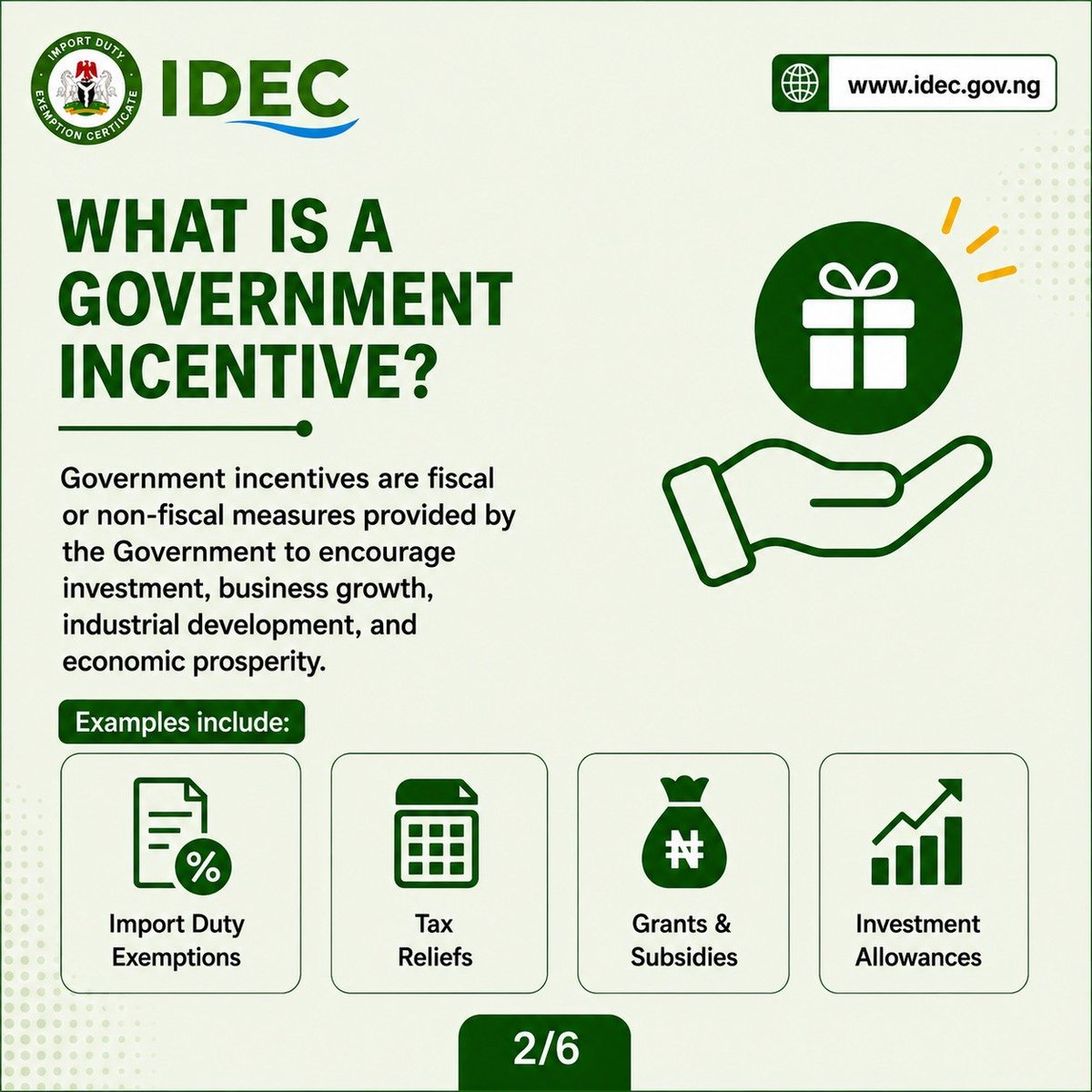 OFFICIAL_IDECNG's tweet photo. Government incentives play a vital role in driving investment, supporting businesses, and accelerating economic growth.

One such incentive is the Import Duty Exemption Certificate (IDEC), designed to support eligible investments in key sectors of Nigeria's economy.
#IDEC https://t.co/IWOjAu1Dpk