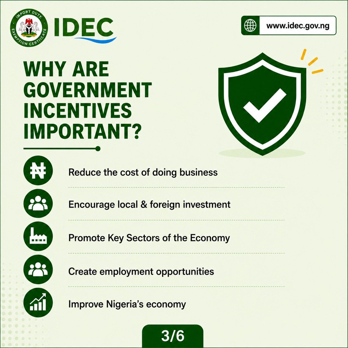 OFFICIAL_IDECNG's tweet photo. Government incentives play a vital role in driving investment, supporting businesses, and accelerating economic growth.

One such incentive is the Import Duty Exemption Certificate (IDEC), designed to support eligible investments in key sectors of Nigeria's economy.
#IDEC https://t.co/IWOjAu1Dpk
