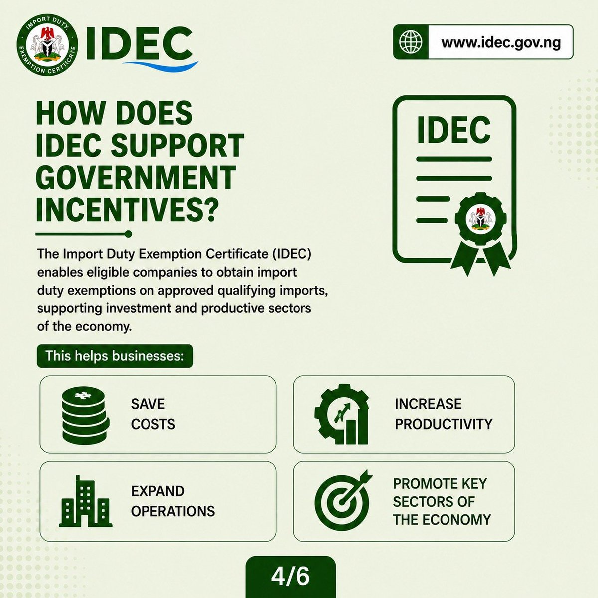 OFFICIAL_IDECNG's tweet photo. Government incentives play a vital role in driving investment, supporting businesses, and accelerating economic growth.

One such incentive is the Import Duty Exemption Certificate (IDEC), designed to support eligible investments in key sectors of Nigeria's economy.
#IDEC https://t.co/IWOjAu1Dpk