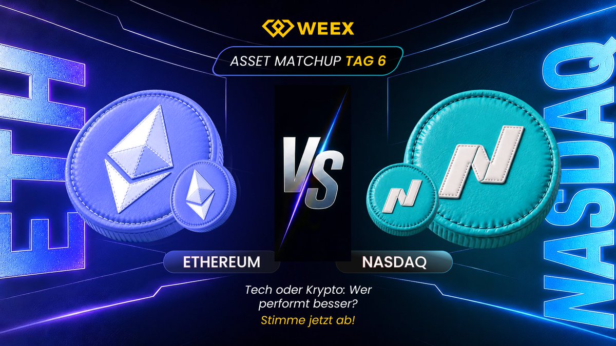 WEEX_Deutsch's tweet photo. 🥊 Asset Matchup | Tag 6
Fast geschafft, heute steht das letzte direkte Duell an:

Ethereum
Nasdaq

Ethereum gehört zu den wichtigsten Netzwerken der Krypto-Welt. Der Nasdaq bündelt dagegen viele der größten Technologie- und Wachstumsunternehmen.

🗳️ Stimme in der Umfrage unter diesem Post ab.

💬 Schreib uns zusätzlich in die Kommentare, warum du dich für Ethereum oder den Nasdaq entschieden hast.

Unter allen Kommentaren während der 7-tägigen Challenge verlosen wir insgesamt 200 USD.

Tech oder Krypto, wer gewinnt Tag 6 und warum? 👀