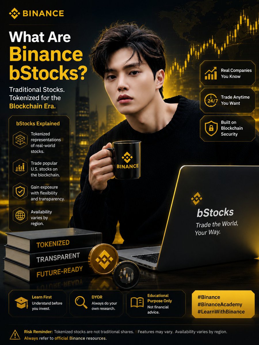 Kraven_5's tweet photo. What Are Binance bStocks?

For years, investing in stocks and using crypto felt like two completely different worlds. One belonged to traditional finance, while the other was built for the digital era. @binance bStocks are designed to help bridge that gap.

Instead of looking at tokenized stocks as "crypto replacing stocks," I see them as technology making financial markets easier to understand for a new generation. Blockchain can simplify how digital assets are represented, while tokenization may introduce more people to traditional financial concepts through a familiar crypto environment.

What I find most interesting isn't the technology itself—it's the learning opportunity. Exploring products like bStocks helps beginners understand how blockchain and traditional finance can work together rather than compete against each other.

Of course, tokenized stocks are not the same as directly owning traditional shares, and their features, rights, and availability may vary by region. That's why understanding the product always comes before using it.

Innovation isn't only about creating something new—sometimes it's about making something familiar easier to access and understand. That's what makes tokenization worth learning about.

Always DYOR, review the official Binance resources, and check whether this feature is available in your region before exploring it.

Educational purposes only — not financial advice. Features and availability may vary by region.

#Binance #BinanceAcademy #LearnWithBinance