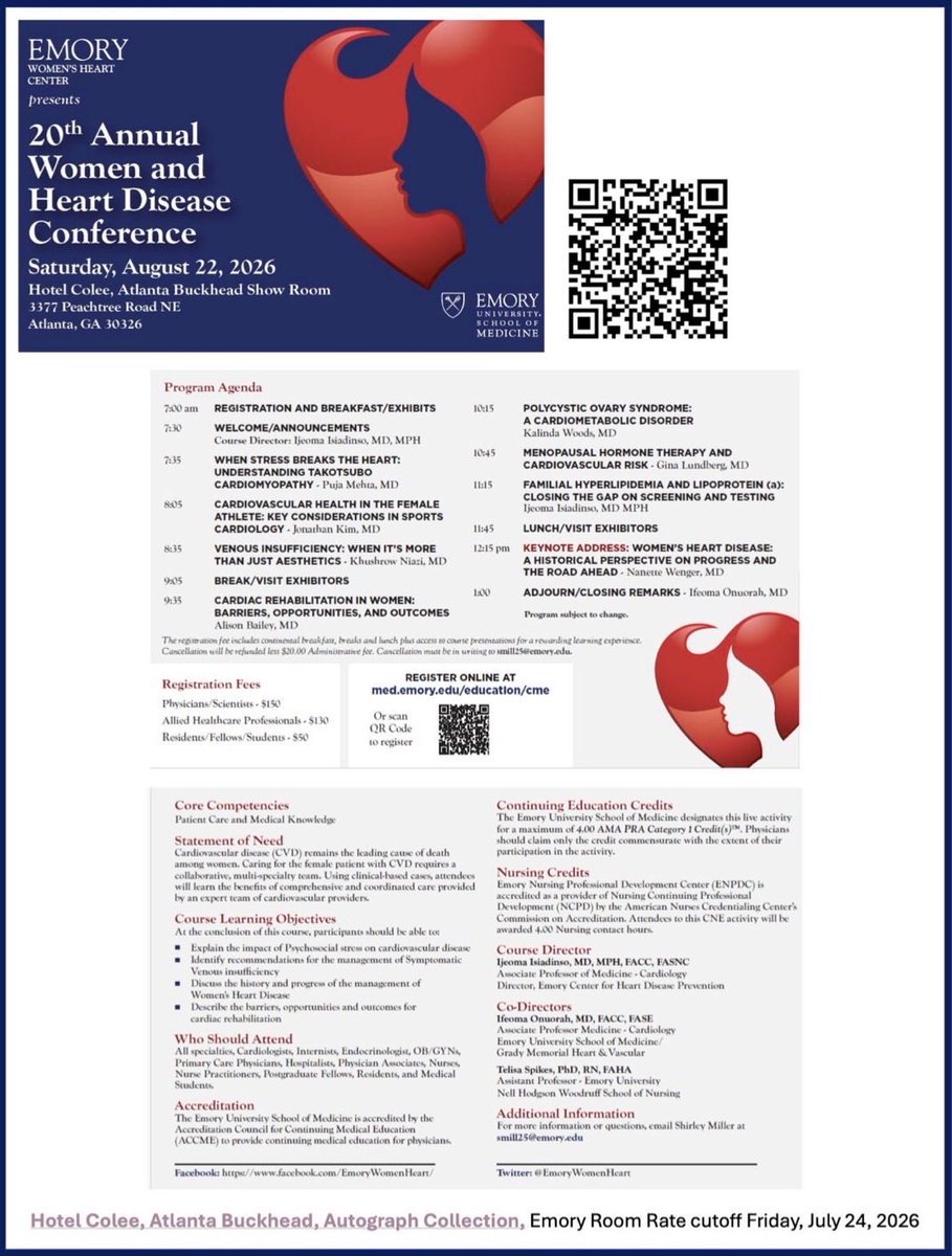 emorywomenheart's tweet photo. Still time to register for the 20th Annual Conference on Heart Disease in Women! Great speakers-Dr Wenger @a_l_bailey @gina_lundberg Dr Jonathan Kim @ijeomaheartdoc 
Aug 22, 2026 https://t.co/CzvhFJsdL4